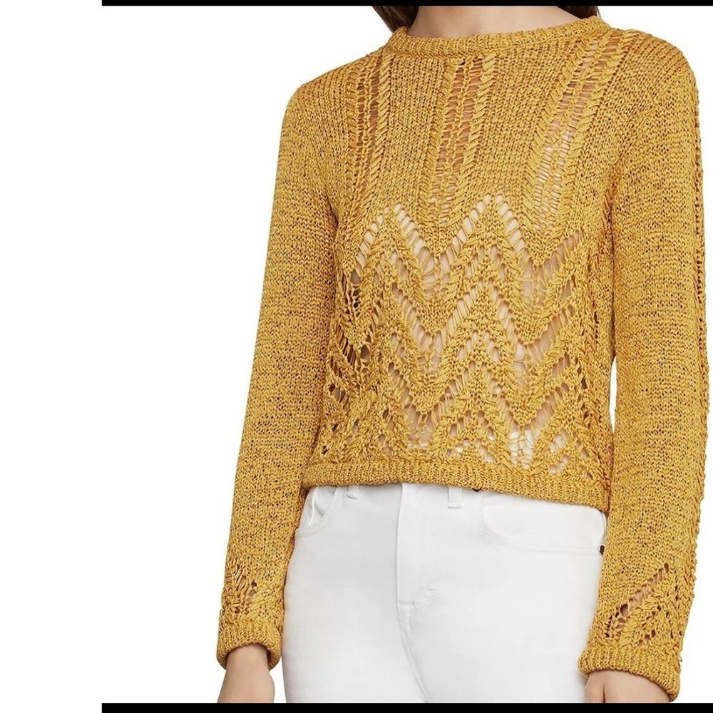 BCBGMAXAZRIA Mustard‎ Yellow Crochet Knit Sweater Size S
